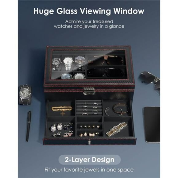 Mens Watch Jewelry Box Organizer with Glass Lid Sunglass Storage Gift Case - Picture 3 of 7